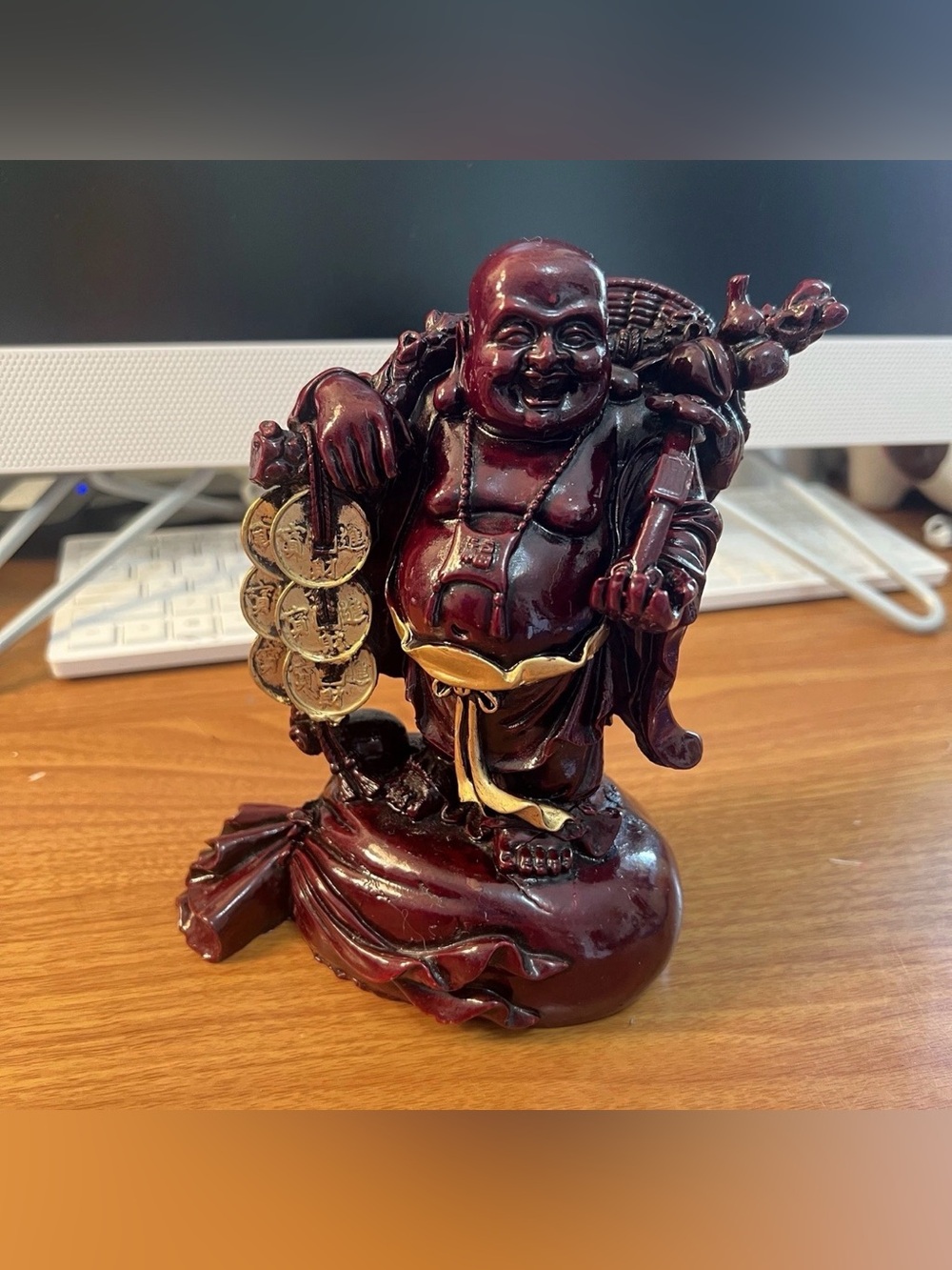 Cinnabar Chinese Laughing Buddha with Money Figurine Statue Large 6.5”
